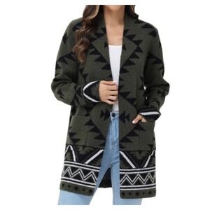 Frye Cardigan W Med Sweater Women Green Aztec Southwestern Open Front Boho Lagen